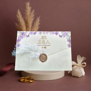 کارت عروسی گل بنفش مهر مومی | کد E331 | چاپ کاج 🌲