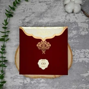 کارت عروسی کد T141 با پاکت زرشکی با دهانه منحنی