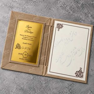 هاردباکس عروسی کد HBT3 با فرم کتابی با پلاک طلایی و روکش جیر درجه ۱